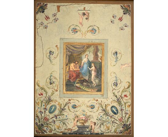 Dipinto antico olio su tela raffigurante scena neoclassica con decorazioni a grottesche. Napoli inizio XIX secolo.