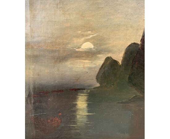 Pittore inglese (inizi XIX sec.) - Barche al chiaro di luna sul Tamigi.