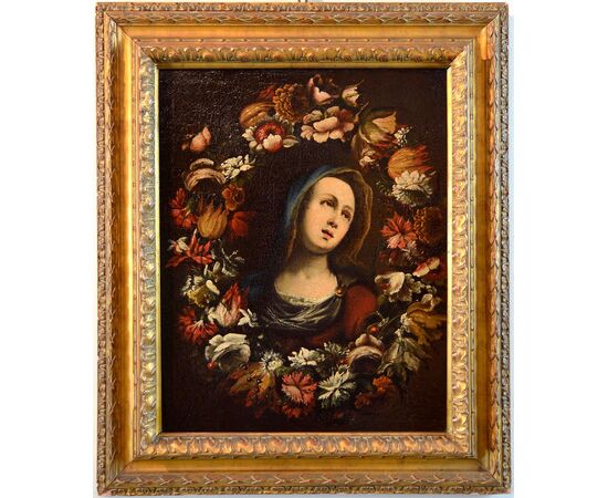 Ghirlanda di fiori con ritratto della Vergine