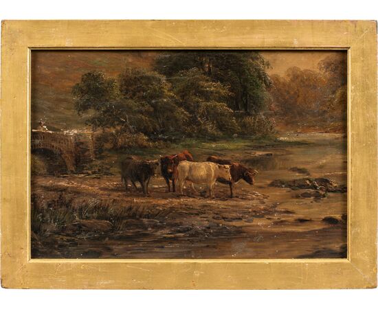 Pittore inglese (XIX secolo) - Tori al ruscello.