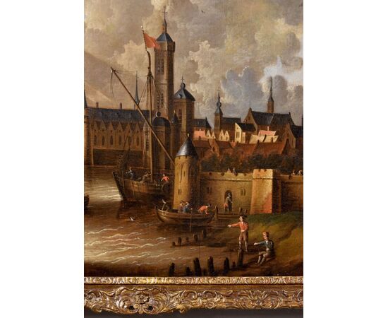 Veduta costiera con vascelli e castello arroccato, Peter Van Der Velde (Anversa 1634 - c.1714)