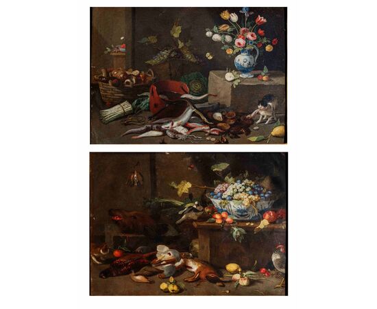 Pseudo van Kessel (attivo nella seconda metà del XVII secolo)  Coppia di nature morte con pescato, cacciagione fiori e frutti