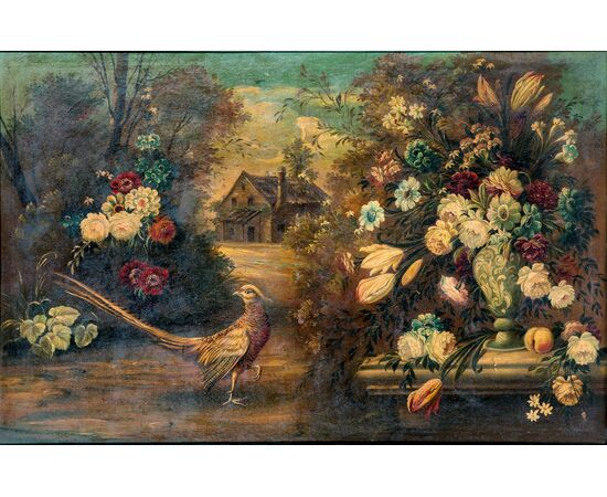 Anonimo dell'inizio del XX secolo Natura morta con vaso di fiori un fagiano e cascinale sullo sfondo