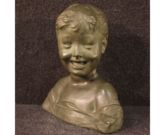 Scultura in terracotta dipinta tinta bronzo busto di bambino
