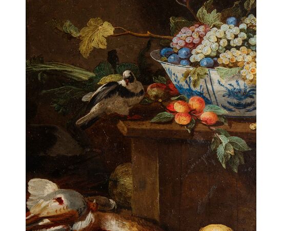 Pseudo van Kessel (attivo nella seconda metà del XVII secolo)  Coppia di nature morte con pescato, cacciagione fiori e frutti