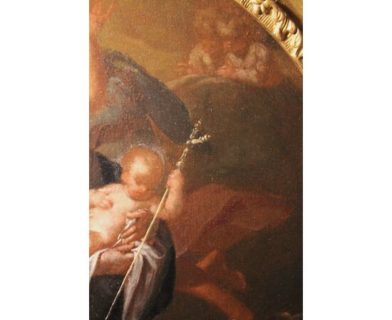  Gesù, con una lunga lancia trafigge il serpente (drago) schiacciato dal piede della Vergine Maria, dipinto olio su tela 