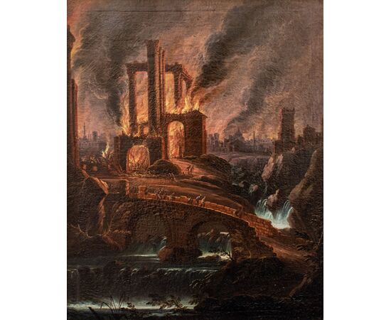 Giovanni Grevenbroeck, detto il Solfarolo (1650 – ?, post 1699), Scena di incendio con rovine architettoniche