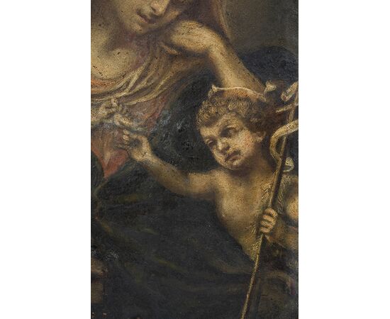 Dipinto antico olio su rame raffigurante Madonna col Bambino e San Giovannino. Napoli XVIII secolo.