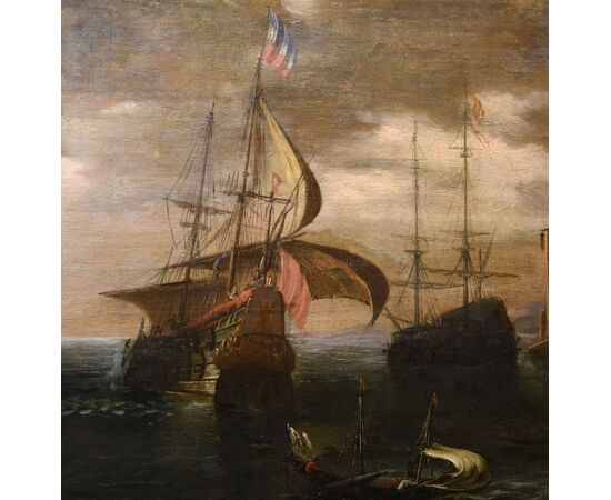 Veduta costiere con imbarcazioni e figure, Francesco Antoniani (Milano 1700/1710 - Torino 1775) bottega