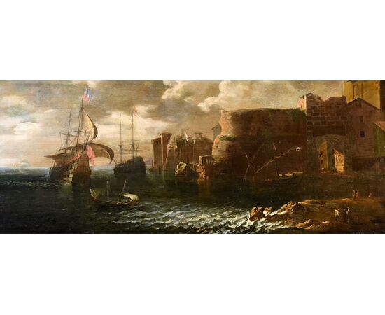 Veduta costiere con imbarcazioni e figure, Francesco Antoniani (Milano 1700/1710 - Torino 1775) bottega
