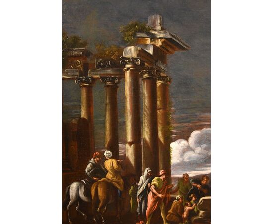 Veduta di rovine classiche con il filosofo Pitagora che fa ritorno dall’Ade