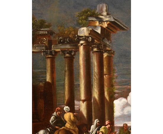 Veduta di rovine classiche con il filosofo Pitagora che fa ritorno dall’Ade
