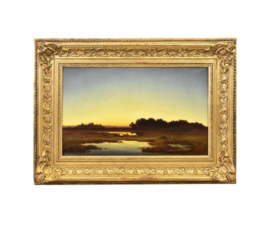 DIPINTI ANTICHI CON PAESAGGI, PAESAGGIO CON CERVI, OLIO SU TELA, XIX SECOLO. (QP545)