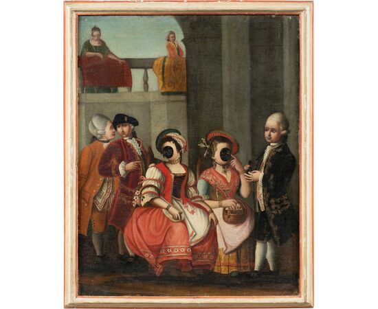 Pittore veneziano (XVIII sec.) - Scena galante con personaggi in maschera.