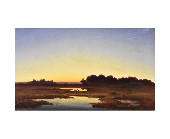 DIPINTI ANTICHI CON PAESAGGI, PAESAGGIO CON CERVI, OLIO SU TELA, XIX SECOLO. (QP545)