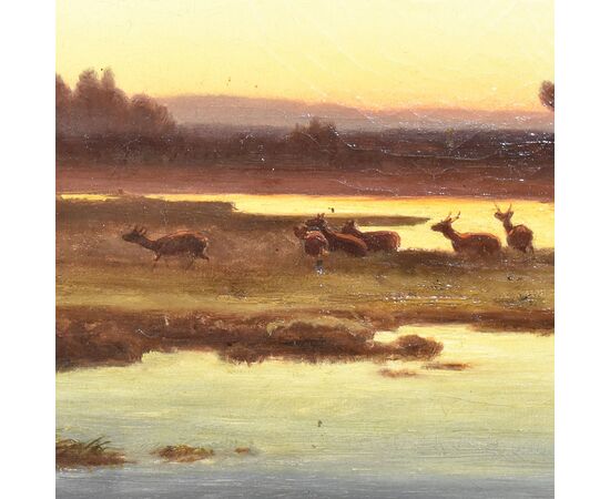DIPINTI ANTICHI CON PAESAGGI, PAESAGGIO CON CERVI, OLIO SU TELA, XIX SECOLO. (QP545)