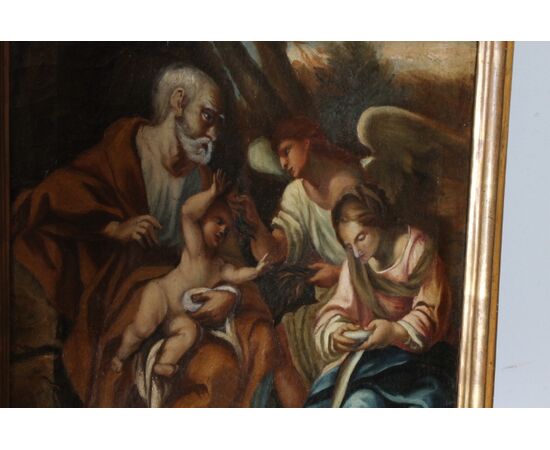 Antico dipinto Sacra famiglia “ Riposo Fuga in Egitto “ scuola Senese XVII sec cornice coeva 85 x 65 