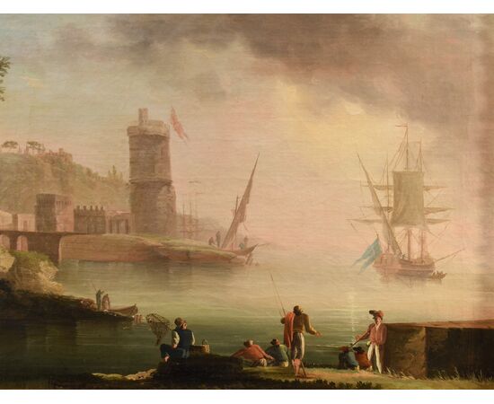 Veduta costiera al tramonto con pescatori e imbarcazioni, Atelier di Charles François Grenier De Lacroix, detto de Marseille (Marsiglia 1700 – Berlino 1782)