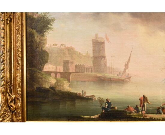 Veduta costiera al tramonto con pescatori e imbarcazioni, Atelier di Charles François Grenier De Lacroix, detto de Marseille (Marsiglia 1700 – Berlino 1782)