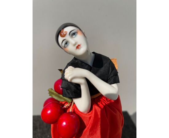 Porcelain half doll powder box with pierrot figure France.     