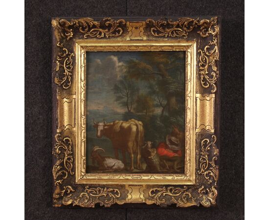 Antique Flemish painting, pastoral landscape from the 18th century