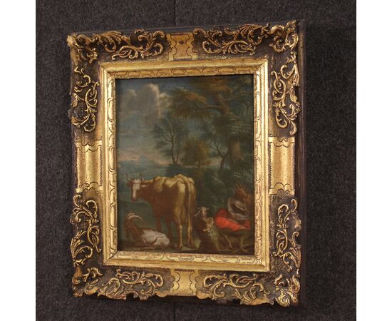 Antique Flemish painting, pastoral landscape from the 18th century