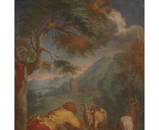 Dipinto fiammingo paesaggio bucolico del XVIII secolo