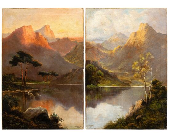 F. Walters (British, datato 1918) - Paesaggi in montagna al mattino e al tramonto.