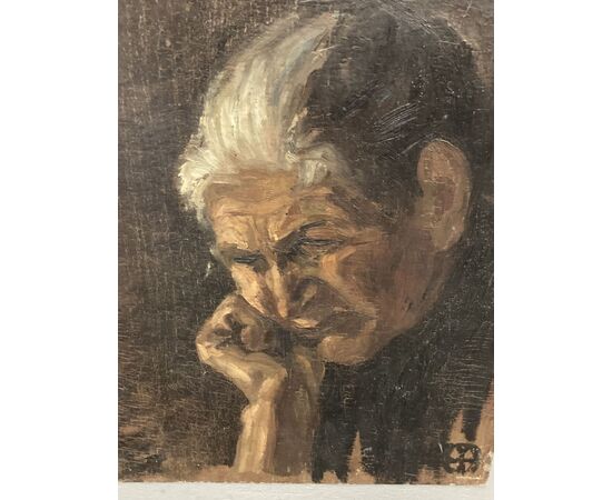 Ancient painting &quot;Thinking Old Woman&quot; on hardboard early 900 cm 40 x 30     