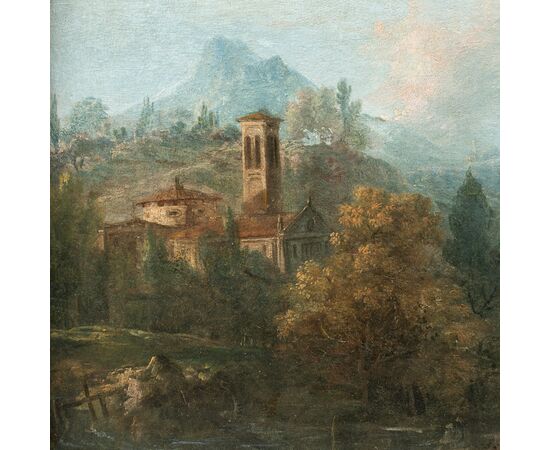 Francesco Zuccarelli (Pitigliano 1702 - Firenze 1788) - Paesaggio fluviale con cavalieri e borgo medievale.