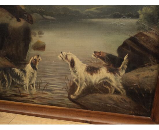 Scena di caccia,dipinto ad olio con cornice in noce d'epoca  misure cm. 70 per 100