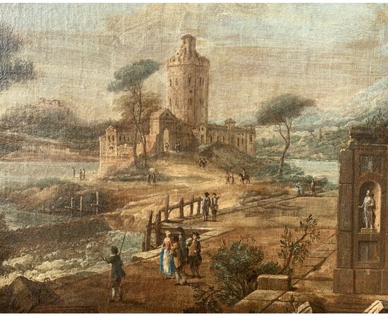 Francesco Battaglioli (Modena 1710 ca. - Venezia post 1796) - Capriccio architettonico con personaggi.