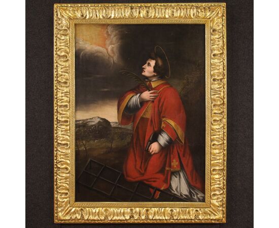Religious antique painting from 17th century, Saint Lawrence martyr