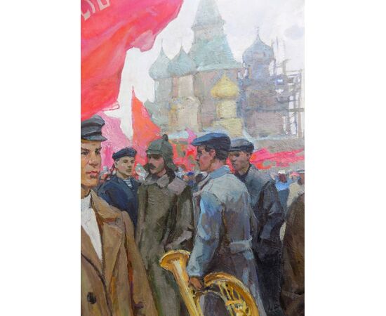 Nagai Oleksandr Grigorovich (1910-1969) , Lenin con proletari, cm 149x199, anno 1960, olio su tela.