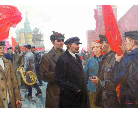 Nagai Oleksandr Grigorovich (1910-1969) , Lenin con proletari, cm 149x199, anno 1960, olio su tela.