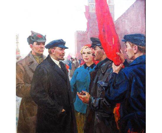 Nagai Oleksandr Grigorovich (1910-1969) , Lenin con proletari, cm 149x199, anno 1960, olio su tela.