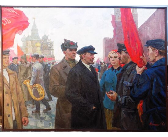 Nagai Oleksandr Grigorovich (1910-1969) , Lenin con proletari, cm 149x199, anno 1960, olio su tela.