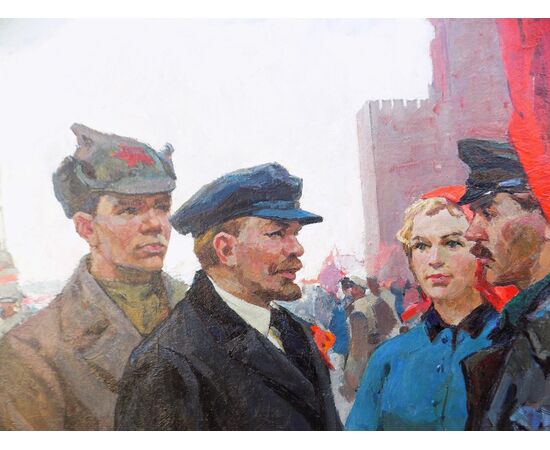 Nagai Oleksandr Grigorovich (1910-1969) , Lenin con proletari, cm 149x199, anno 1960, olio su tela.