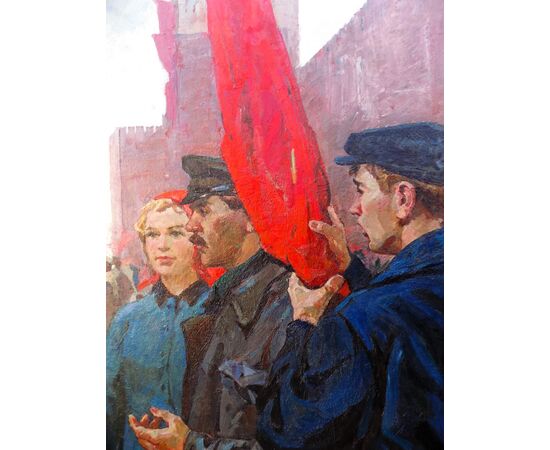 Nagai Oleksandr Grigorovich (1910-1969) , Lenin con proletari, cm 149x199, anno 1960, olio su tela.