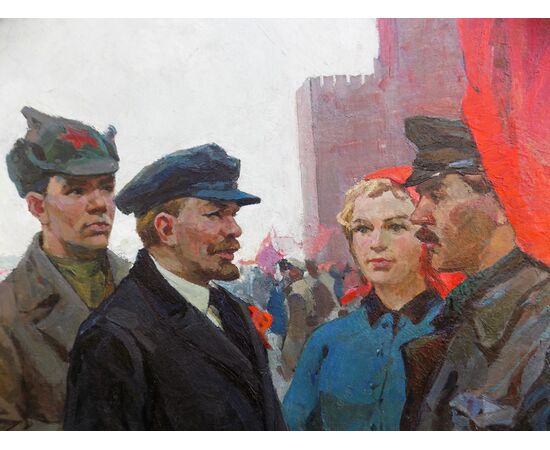 Nagai Oleksandr Grigorovich (1910-1969) , Lenin con proletari, cm 149x199, anno 1960, olio su tela.