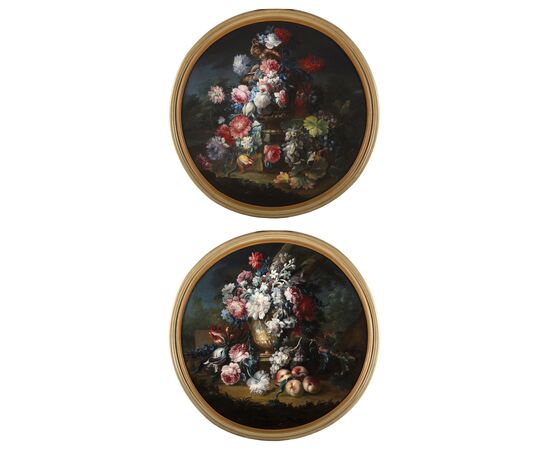 Michele Antonio Rapos (Torino 1733-1819), Coppia di dipinti raffiguranti Natura morta con trionfo di fiori e frutta, olio su tela