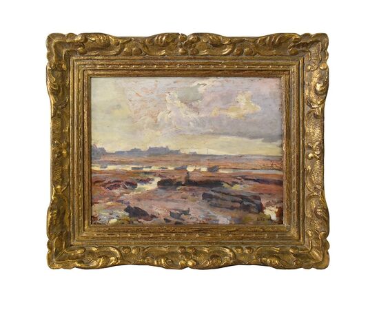QUADRI ANTICHI, QUADRI MARE, MARINA CON VILLAGGIO, OLIO SU TAVOLA, XIX.  (QM567)