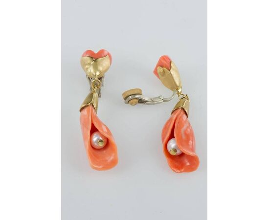 Earrings - sculpture with coral and pearl     