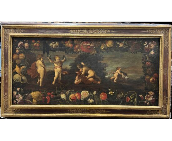 Allegoria gioco di putti con ghirlanda di fiori e frutta