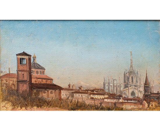 Luigi Bisi (1814-1886), Veduta di Milano con il Duomo e la Chiesa di San Celso