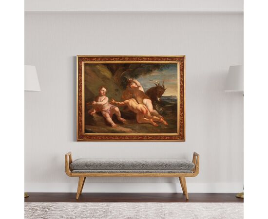 Italian painting from the 17th century, bacchanal of cherubs