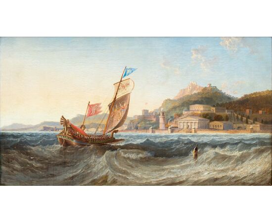 James Wilson Carmichael (1800-1868), Trireme presso il porto di un'acropoli con parata   