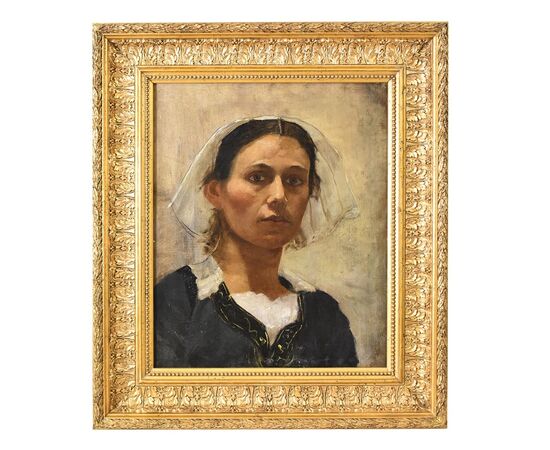 DIPINTI ANTICHI, RITRATTI DI DONNA BRETONE, GIOVANE RAGAZZA, FINE DELL 800. (QR572)