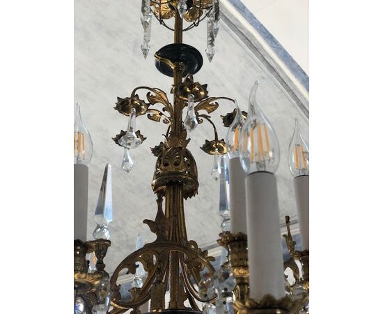 BRONZE AND CRYSTAL CHANDELIER     