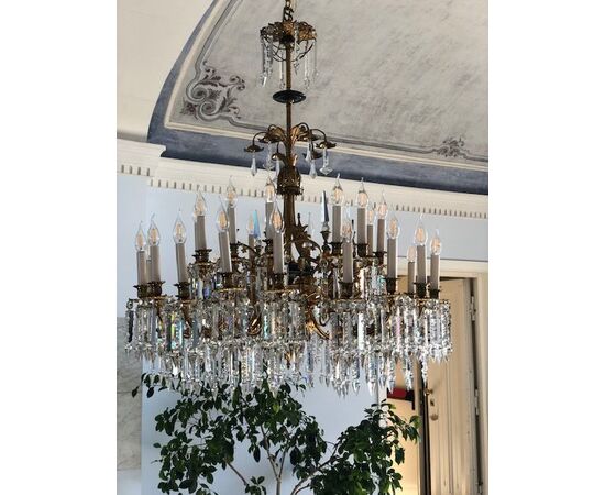 BRONZE AND CRYSTAL CHANDELIER     